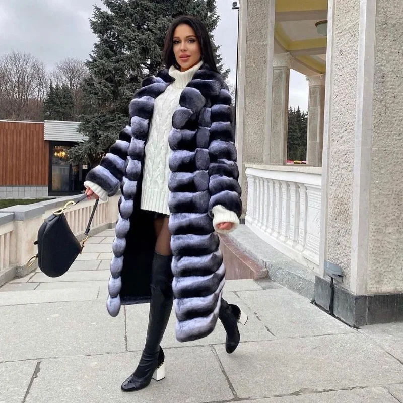 FURSARCAR 2021 High Quality Real Rex Rabbit Fur Coat Female Natural Fur Long Coat Thick Warm Winter Woman Fashion Slim Overcoat