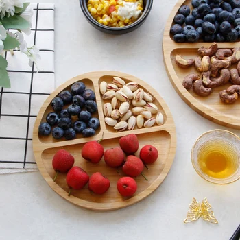 

Bamboo Round Grid Plate Three Grid Plate Western Food Round Dessert Snack Fruit Dried Fruit Plate Home Decoration