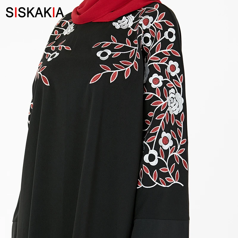 Siskakia мусульманское платье Абая черное растительное с вышивкой свободного размера плюс рукав летучая мышь женские халаты осень