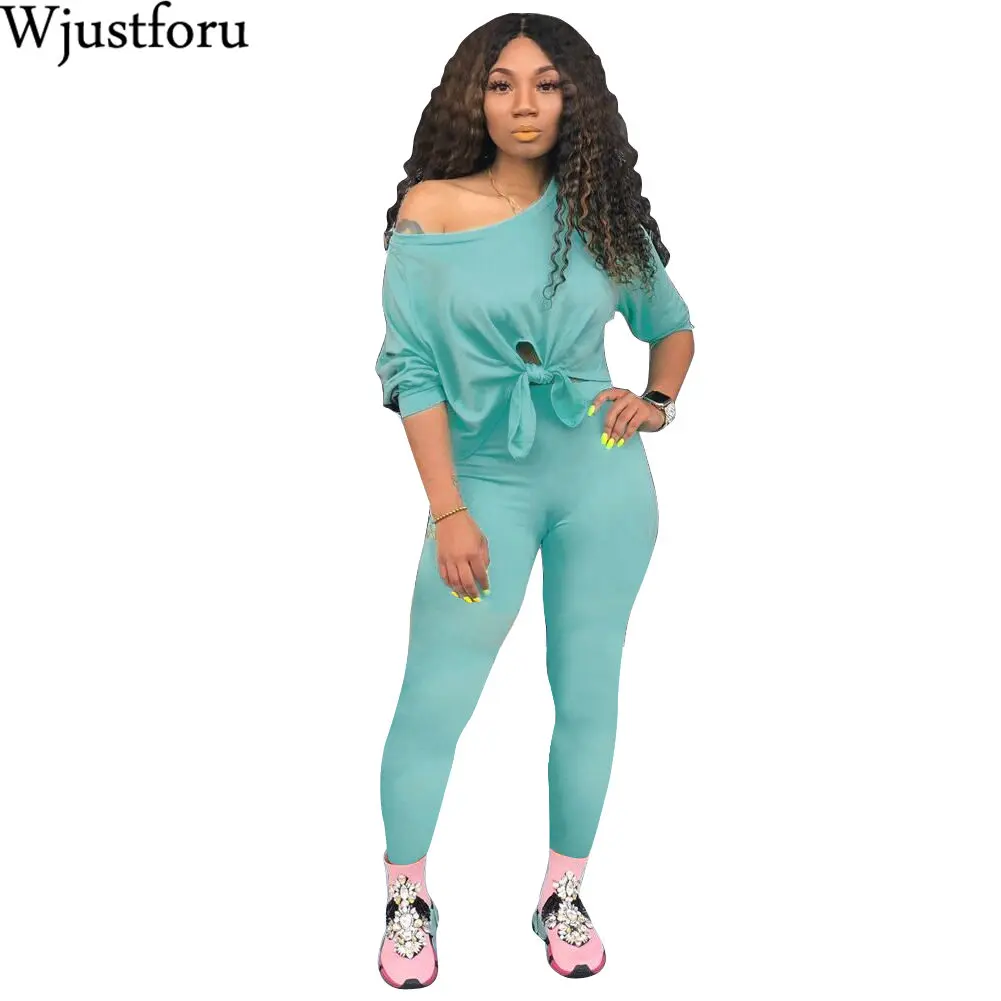 

Wjustforu Long Suit Two Piece Set Tracksuit Outfit 2019 Women New Summer Sexy Length Sleeve Tie Up Hem Off Shoulder Top Vestidos