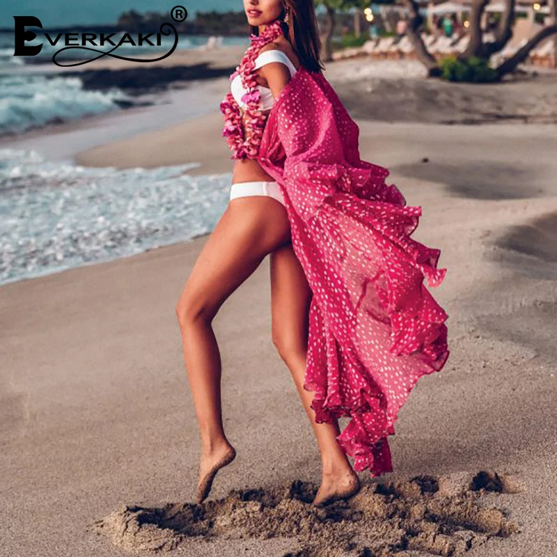New Everkaki Kimono Coats Women Boho Print 2019 New Sashes Ruffles Loose Beach Vintage Ladies Casual Lo