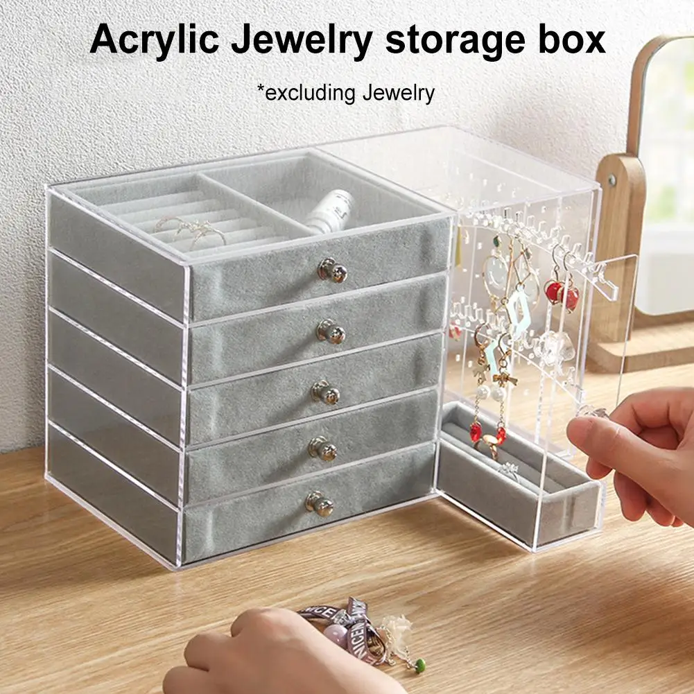 

Acrylic Jewelry Organizer 5 Drawers 2 Earring Hanger Two-in-one Clear Rings Bracelets Necklaces Box For Women Girls Gift