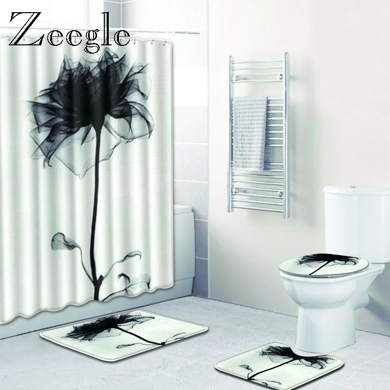 Zeegle Bathroom Curtain Modern Bath Mat Anti Slip Bathroom Carpet Shower Curtain Absorbent Toilet Pedestal Rug Decoration Toilet