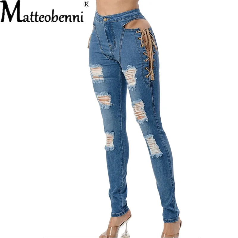Women Ripped High Waist Jeans Ladies Sexy Elastic Skinny Pencil Pants Female Side Straps Hollow Out Show Waist Denim Trousers