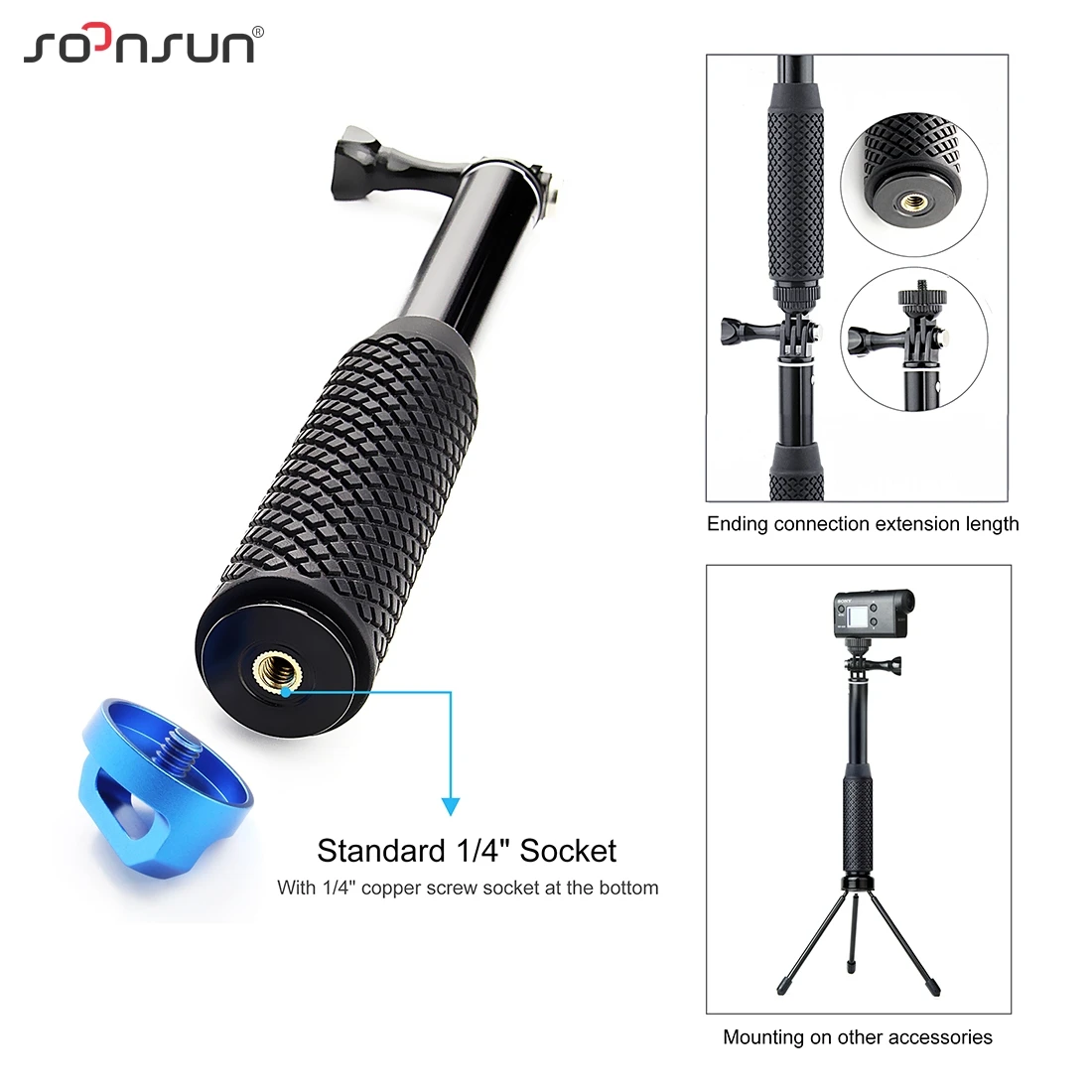 SOONSUN Aluminum Extendable Monopod Pole Selfie Stick GoPro Hero Insta360 SJCAM AKASO DJI Action Go Pro Hand Grip