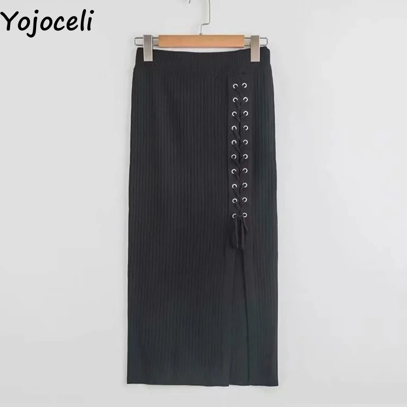 Yojoceli, сексуальная облегающая юбка-карандаш на шнуровке, осенняя, теплая, с разрезом, Вязанная, высокая талия, юбки для женщин, зимняя, повседневная, вязанная юбка