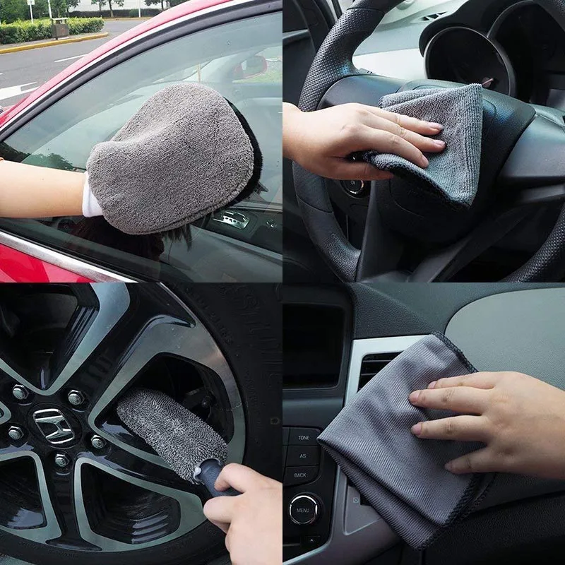 9Pcs Microfibre Car Wash Cleaning Tools Set Gloves Towels Applicator Pads Sponge Wheel Brush Kit C44