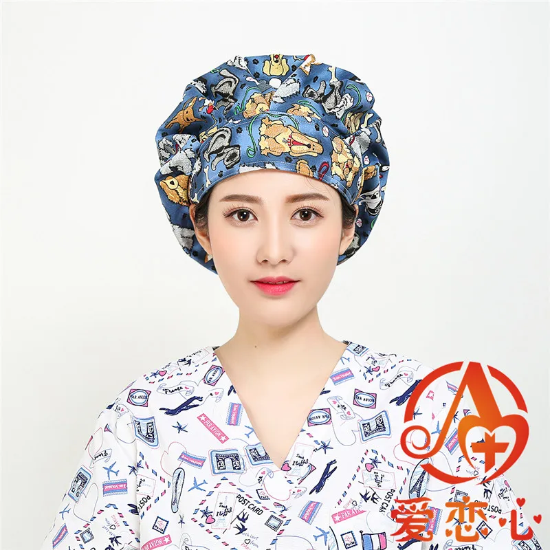 Fancy Printing Hospital Surgical Cap Women Dentist Pet Doctor Design Adjustable Cotton Doctor Medical Caps-Ailianxin