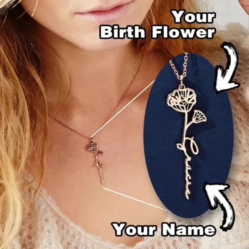 

Personalized Custom Birth Month Flower Name Necklace Stainless Steel Pendant Nameplate Choker Necklace Women Birthday Gifts