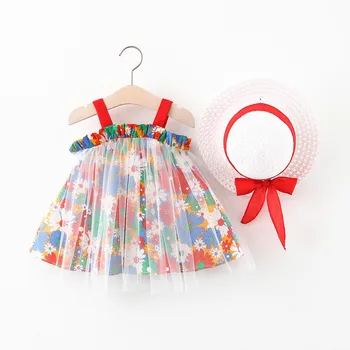 

Summer Girls Korean Version of the Explosion Dress Cute Colorful Flowers Cap Mesh Dress
