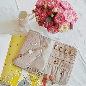 

Travel Jewelry Organizer Roll Foldable Jewelry Case for Journey-Rings Necklaces Bracelets Earrings Pink