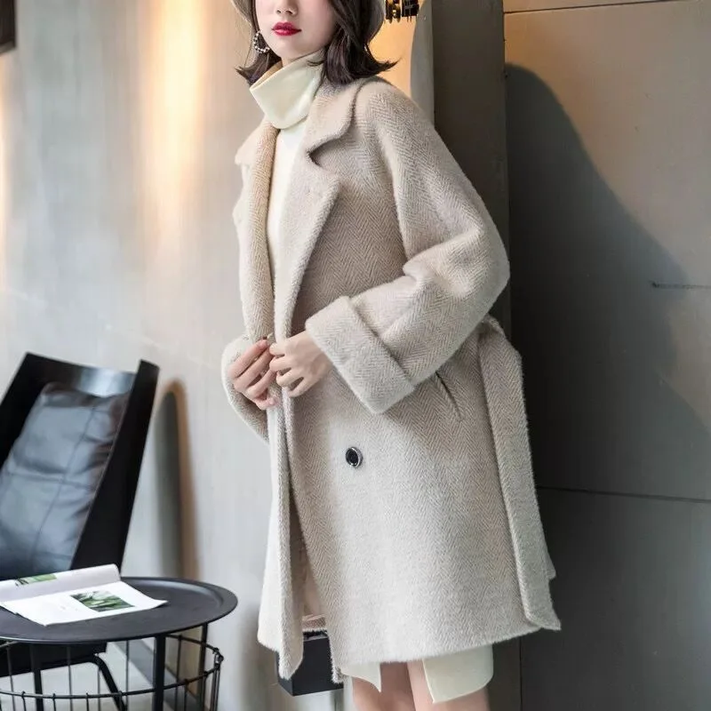 Ceny Jesień płaszcz zimowy kobiety 2019 koreańskie casual kurtka kobiety Plus rozmiar ciepłe, kaszmirowe gruby długi płaszcz w kratę beżowy szary manteau femme