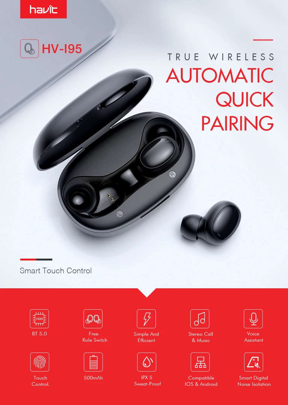 

HAVIT I95 Touch Control Bluetooth Earphones Free Role Switch HD Stereo Wireless Earbuds Noise Cancelling Gaming Headset