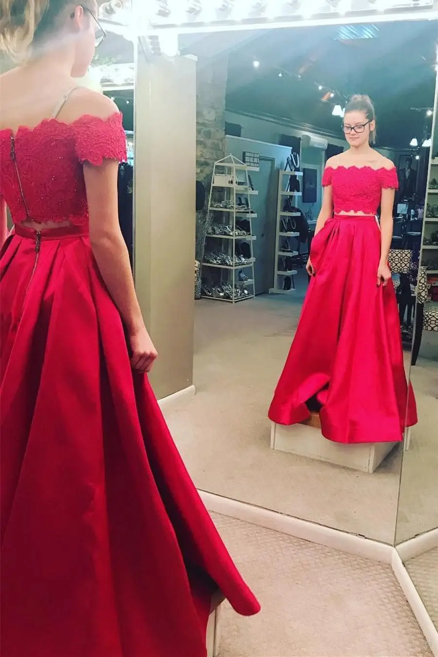 Charming Two Piece Off the Shoulder Long Prom Dress Satin Skirt Lace with Appliques Top Split Formal Evening Party Gowns for Girls