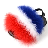 Summer Kids Fur Slippers Fluffy Raccoon Fur Slides Furry Real Fox Fur Flip Flops Flat Children Rainbow Shoes Girls Fur Sandals 2