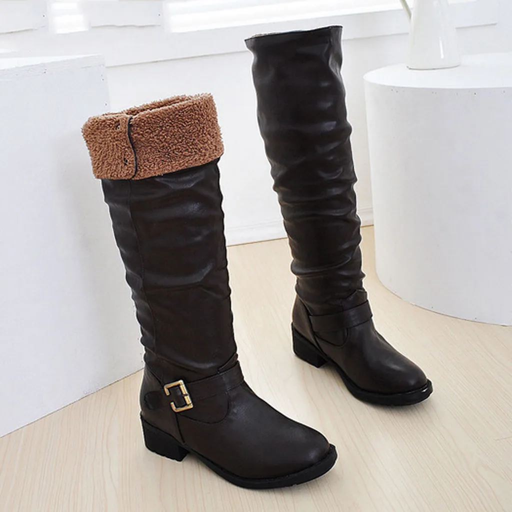 Модные женские ботинки; женская обувь на низком каблуке в стиле ретро; рыцарские сапоги с пряжкой и хлопковой подкладкой; женская теплая обувь из искусственной кожи; C50 - Цвет: BK