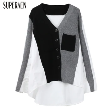 

SuperAen Autumn and Spring New Sweater Coat Women 2020 Wild Casual Fashion Ladies Sweaters Long Sleeve Irregular Cardigan Tops