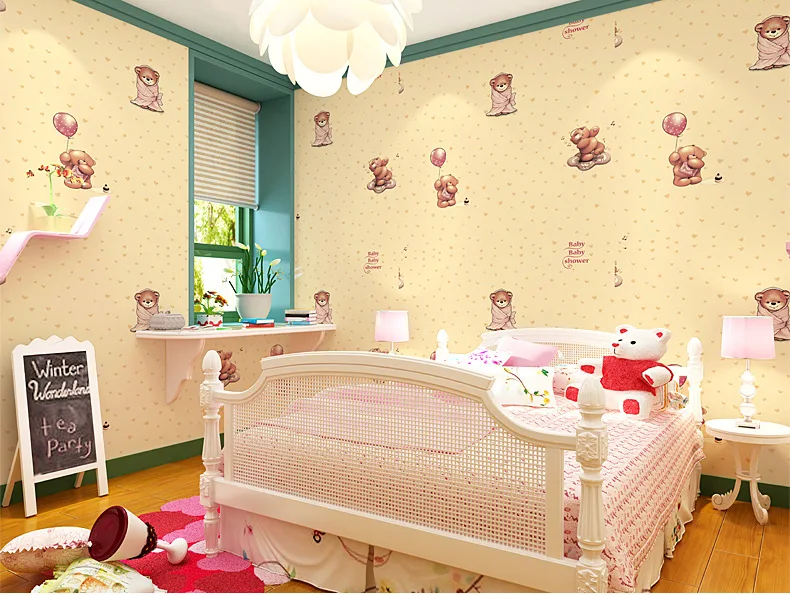 

Non-woven kids room cartoon wallpaper creamy yellow and pink cute warm bear with heart pattern design for boy girl bedroom wall
