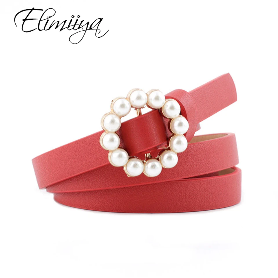 

Elimiiya Luxury Pearl Round Buckle Belt Women Female Smooth Leather Belts Strap waistband For Jeans Dress  