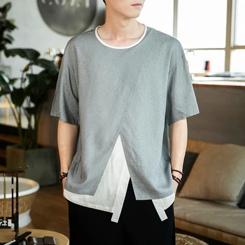 

Chinese Style T-shirt Men Cotton Linen Short-Sleeved Summer Mens Tees Spliced Forked Hem Fake two Design Casual T Shirt Male