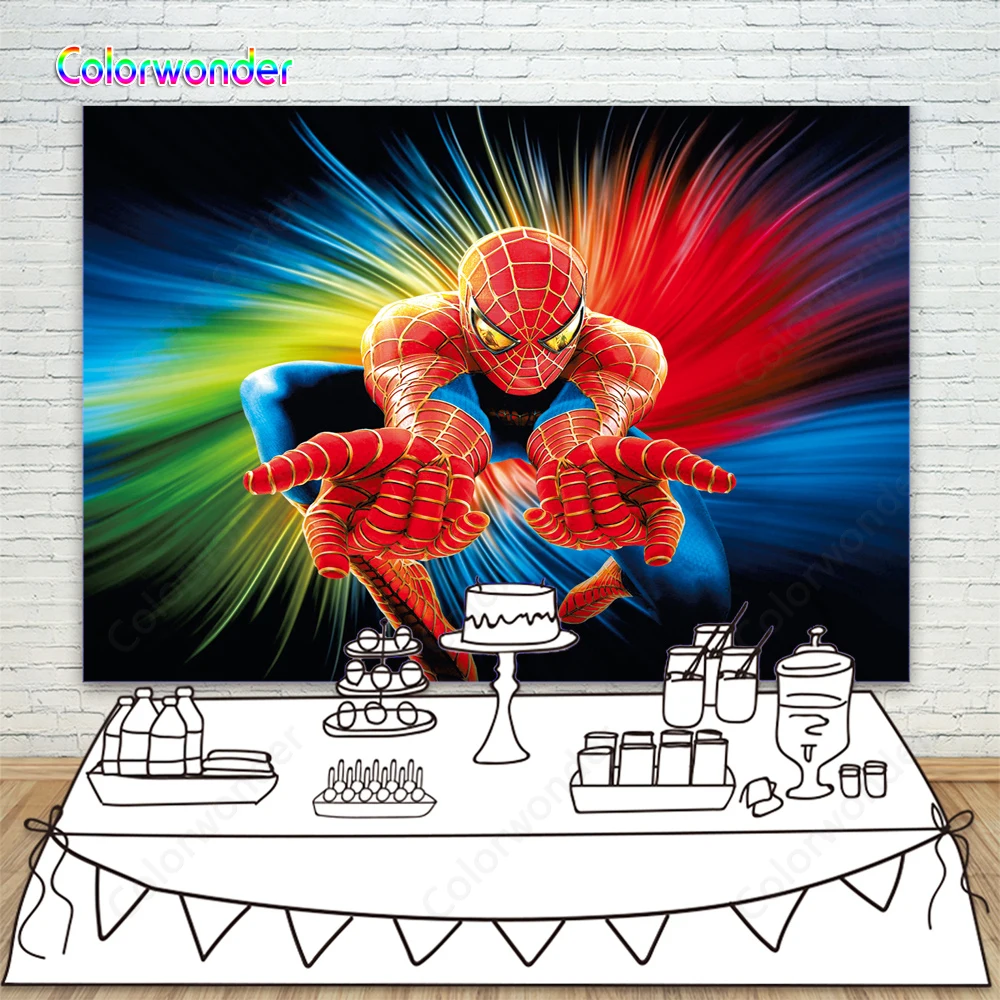 

Marvel Superhero Spider Man Backdrop Multicoloured Light Child Baby Boy Birthday Party Decor Background For Dessert Table Banner