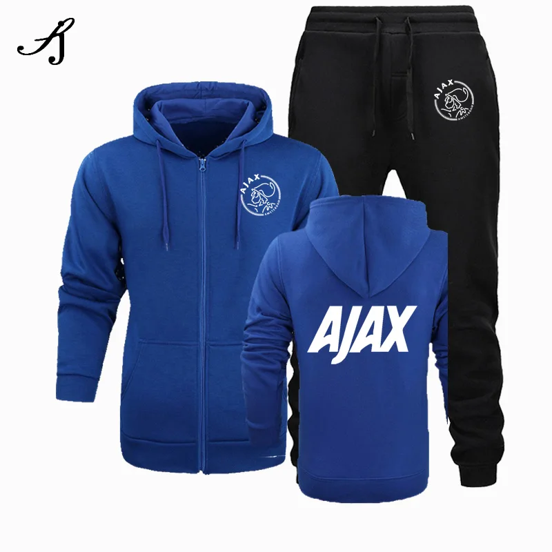 Новинка, модная спортивная одежда AJAX, толстовка с капюшоном, мужская спортивная одежда, два предмета, хлопок, флис, Толстая Толстовка с капюшоном+ штаны, спортивный костюм для мужчин - Цвет: blue2