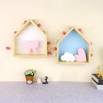 

2Pcs House Shape Holder Living Room Painted Bedroom Display Shelf Wood for Household High-quality Durable Ornaments