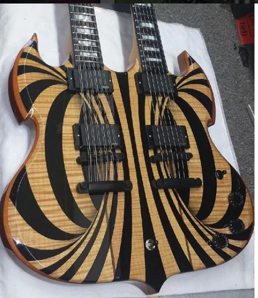 Custom Wylde Audio Barbarian 12 & 6 strings Double Neck Gloss Black Behemoth SG Electric Guitar Copy EMG Pickups, Black Hardware