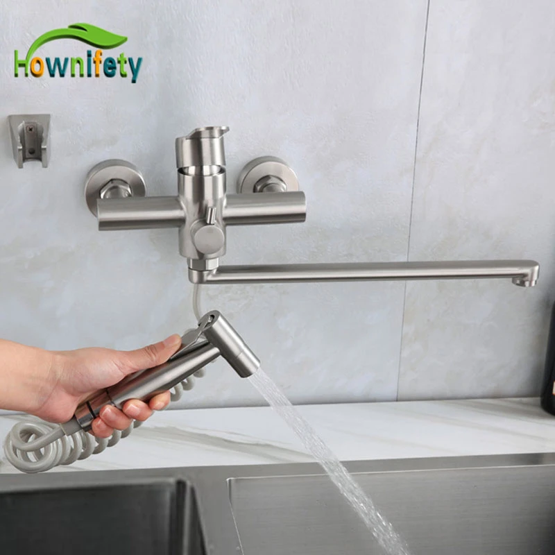Brushed Nickel Bathtub Faucet Hot Cold Wall Mount Kinds of Handheld or Bidet Faucet Long Spout 35 cm Rotation