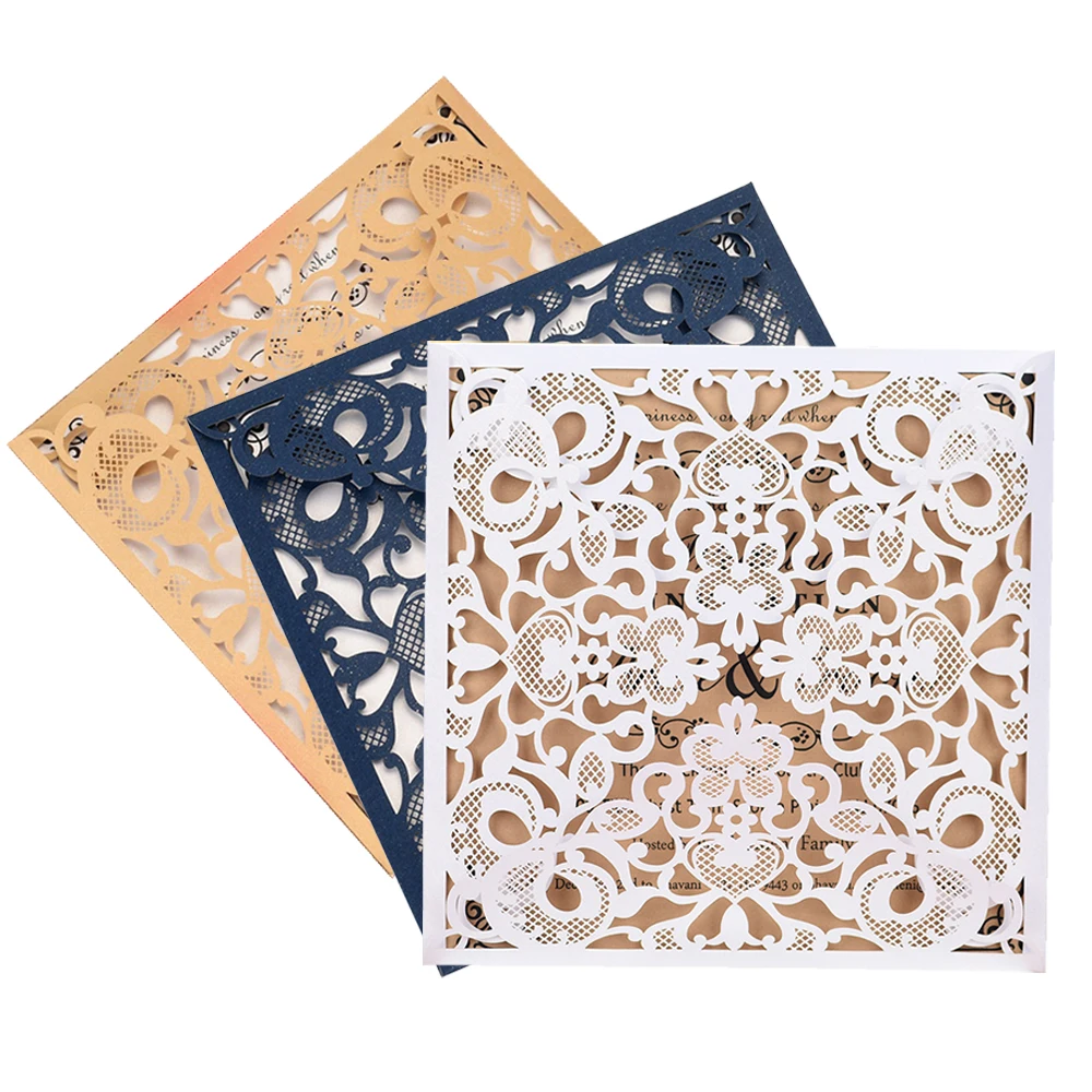50 pieces/lot) European High-end Pink Wedding Invitation Card Laser Cut Floral Glittering Engagement Baptism Invitations