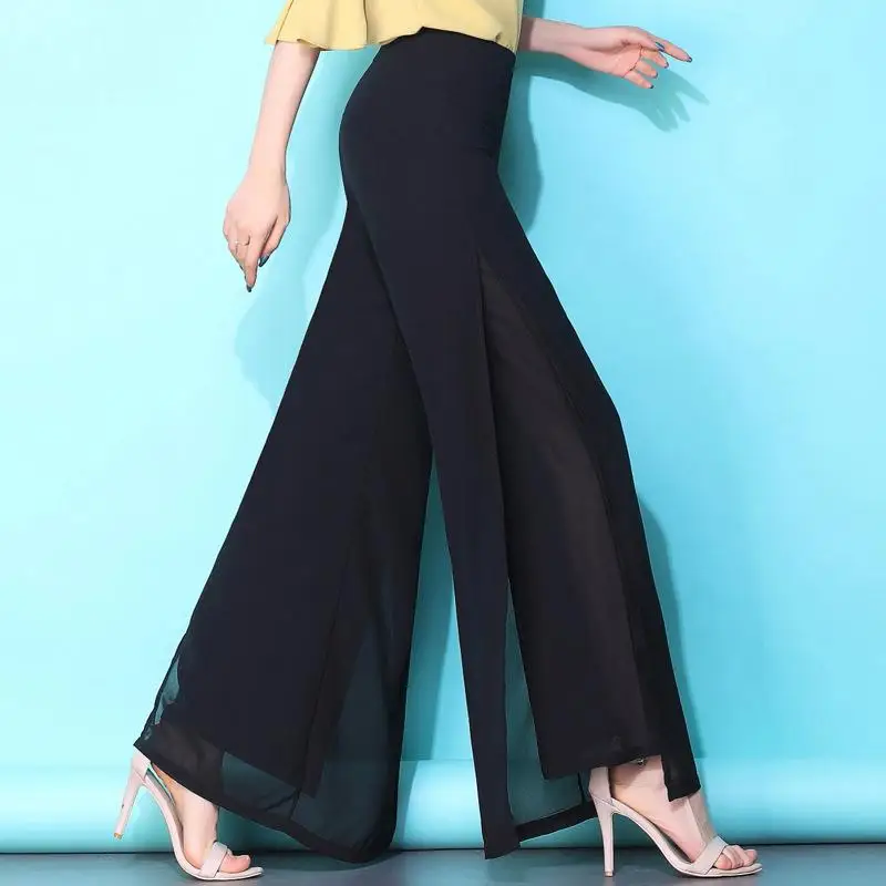 

Summer 2020 Wide Leg Women Pants Chiffon High Ladies Trousers Loose Double Layers Split Pants Elegant Dance Capris Plus Size 4XL