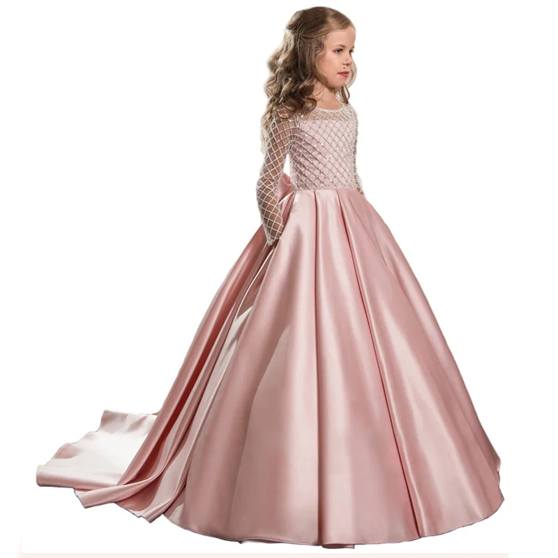 

Princess Girl Wedding Dress Bow Round Neck Performance Dress Elegant Girl Evening Dress For Party Birthday Kid Clothing 4-9 Age