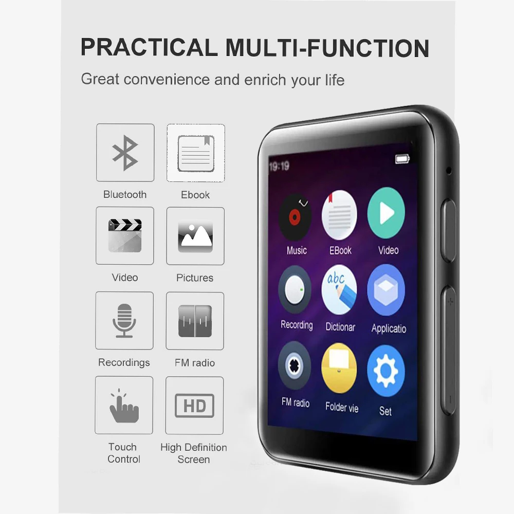 Benjie X5 Bluetooth 5,0 MP3-плеер с динамиком 2,5 дюймов полный сенсорный экран 16 Гб электронная книга fm-радио HiFi без потерь Музыкальный видеоплеер