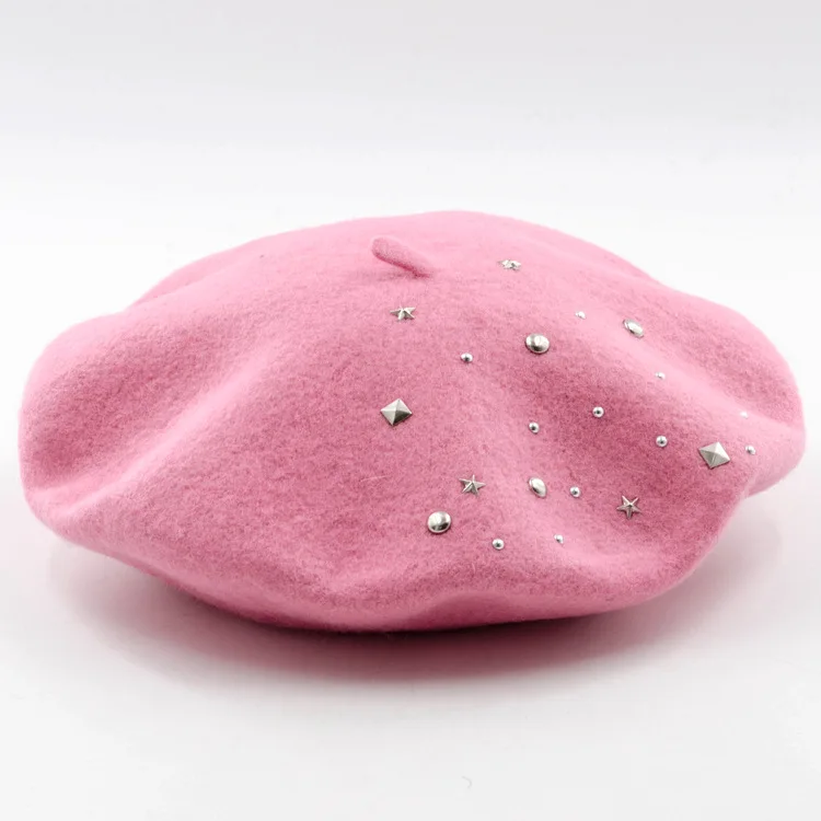 Pink MS осенне-зимний шерстяной купольный берет с заклепками женская шапка художника s с заклепками маленькая теплая удобная круглая модная шапка - Цвет: Pink