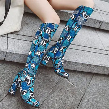 

EUR 35-43 Women Sexy Winter Boots Knee High Heel Snake Pattern Long Chelsea Party Pumps Warm Oxfords Night Club Chelsea Ri