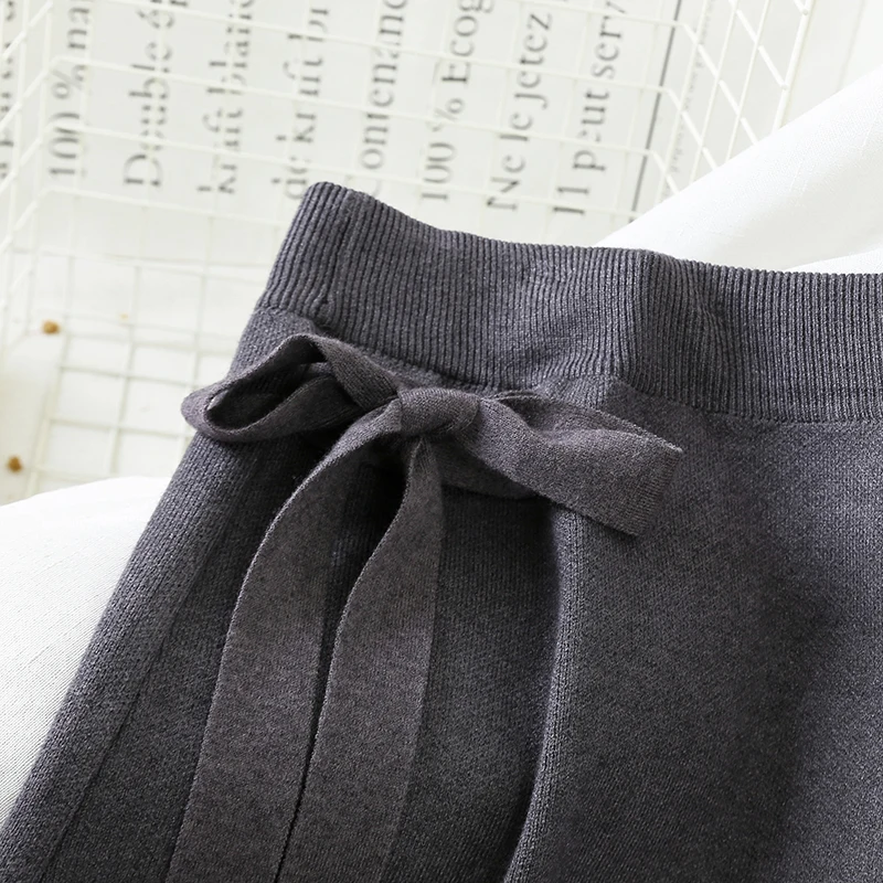 Зимняя бежевая серая черная Гибкая эластичная юбка средней длины с высокой талией, зонтик, теплая трикотажная юбка для женщин, женские юбки с бантом