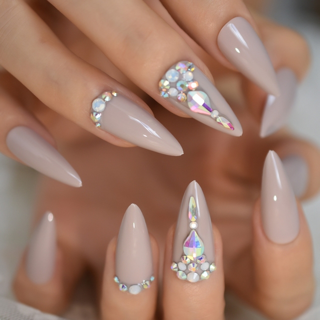 Black Reusable False Nail Pre design Gems Decorated Stiletto Press On Easy Wear Artificial Nails Art Fake Extension Tips