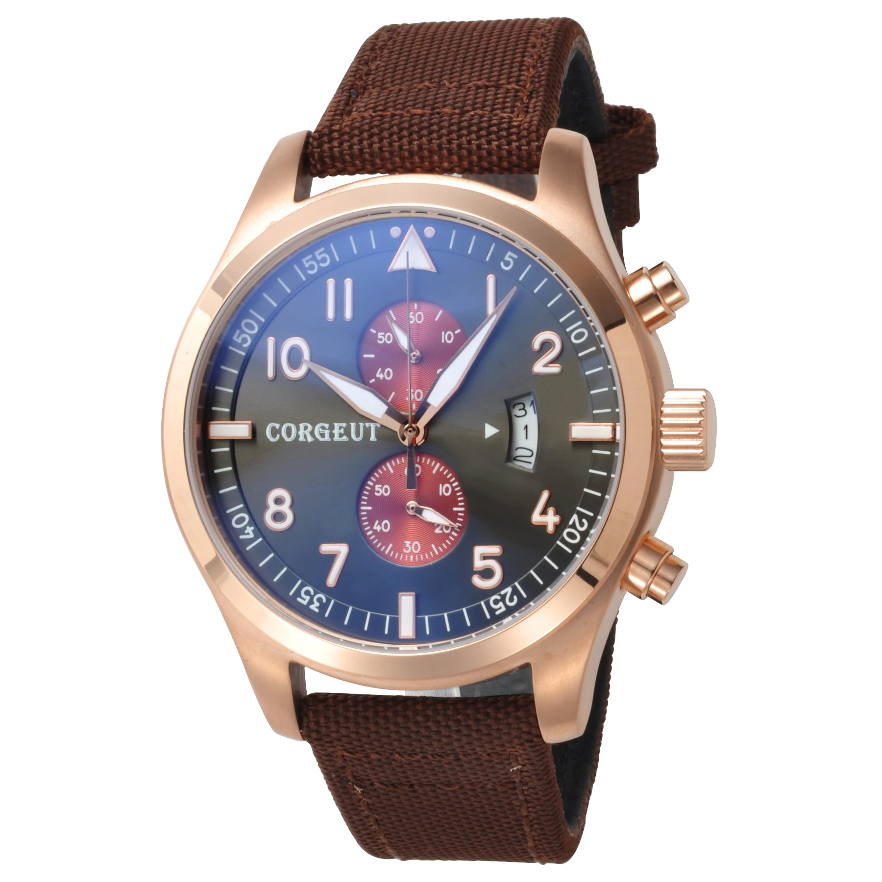 

Corgeut 46mm Men watch Black Red Dial Rose Gold PVD Stainless Steel Case Style Full Chronograph