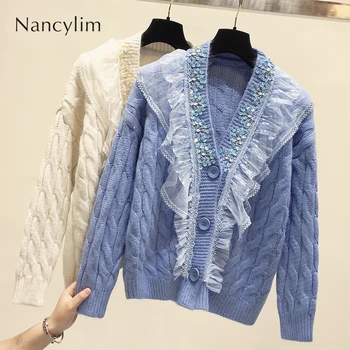 

Korean Style Cardiagn Womens Loose Lace Sequins Sweater Female Spring Autumn New Single-row Buckle V-collar Knitted Cardigans