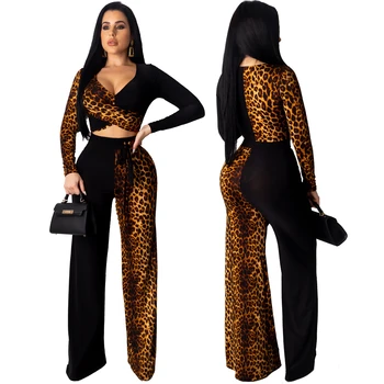 

Leopard Print Patchwork Sexy Two Piece Set Long Sleeve Wrap V Neck Top and Wide Pants Suit Night Club Party Sportswear Tracksuit