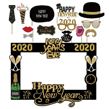 

Besegad Funny Happy New Year Paper Selfie Frame with 14pcs Photo Booth Props for 2020 New Year Eve Party Supplies