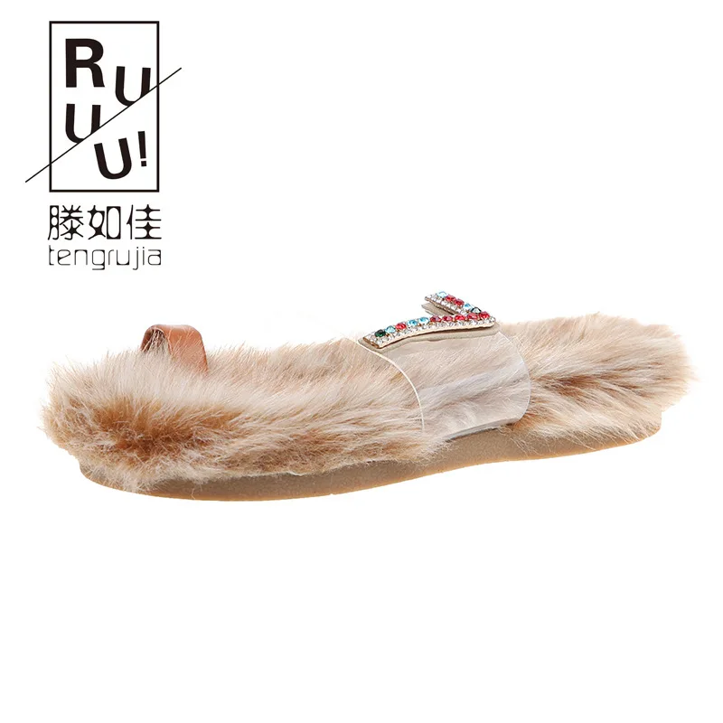 

Cute INS Fashion Plush Slipper Women's Outer Wear Man-made Diamond Flat Transparent Slippers with Long Skirts of Shoe Versatile