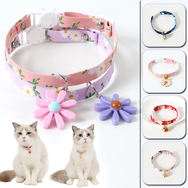 Collar ajustable con diseño de margaritas pequeñas para mascotas, campanilla para mascotas, Collar desparasitante de conejos y gatos, Color Rojo