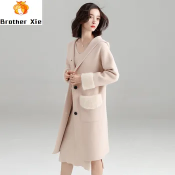 

Quality Good 2020 Spring Long Knitted Cardigan Loose Overcoat Water-proof Mink Double-sided Nipple Coat Women Woolen Overcoat