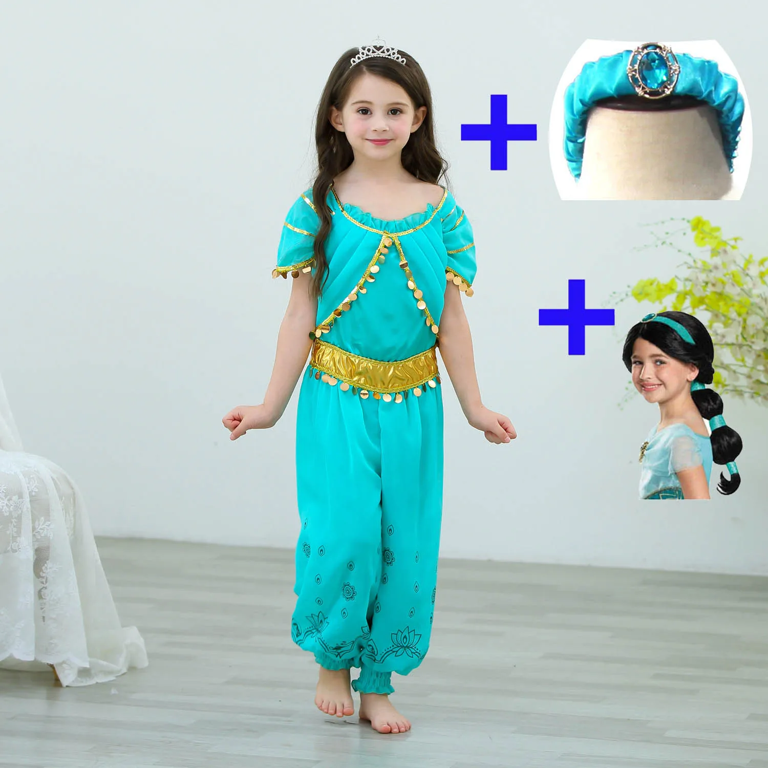 Детские карнавальные парики для девочек с изображением Аладдина и волшебной лампы «Принцесса Жасмин», платья принцессы для девочек, костюмы для Хэллоуина