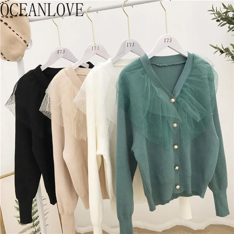 OCEANLOVE сетчатые Лоскутные кардиганы короткие однотонные с v-образным вырезом осенние женские свитера модные однобортные Sueter Mujer 13179