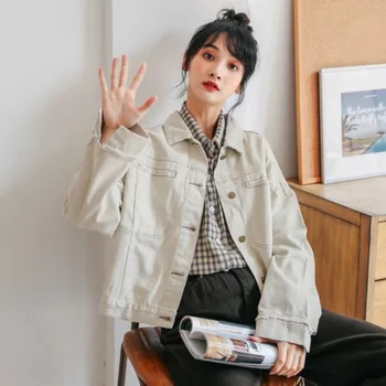 

Jean Jackets Women Casual Turn-down Collar Long Sleeve Bf Harajuku Jacket Spring Jaqueta Feminina Loose Short Denim Jacket Coats