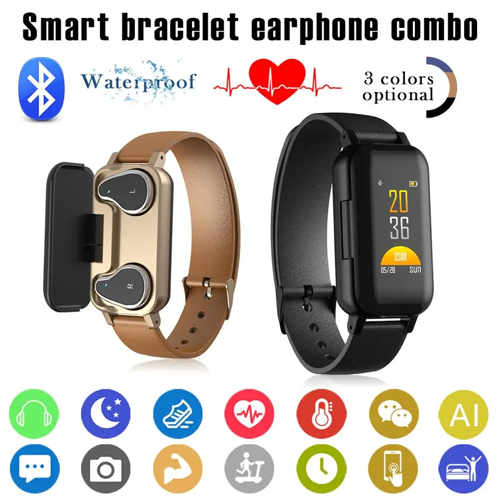 

2 in 1 T89 Bluetooth smart binaural Bluetooth headphone fitness bracelet heart rate monitor smart wristband sport Watch