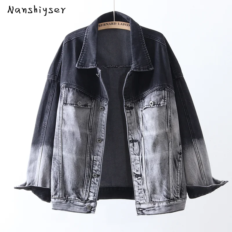 

Smoke gray Denim jacket For Women Autumn Short Korean Loose Retro Hit the color Gradient Jean coat Female Casual Bomber jacket