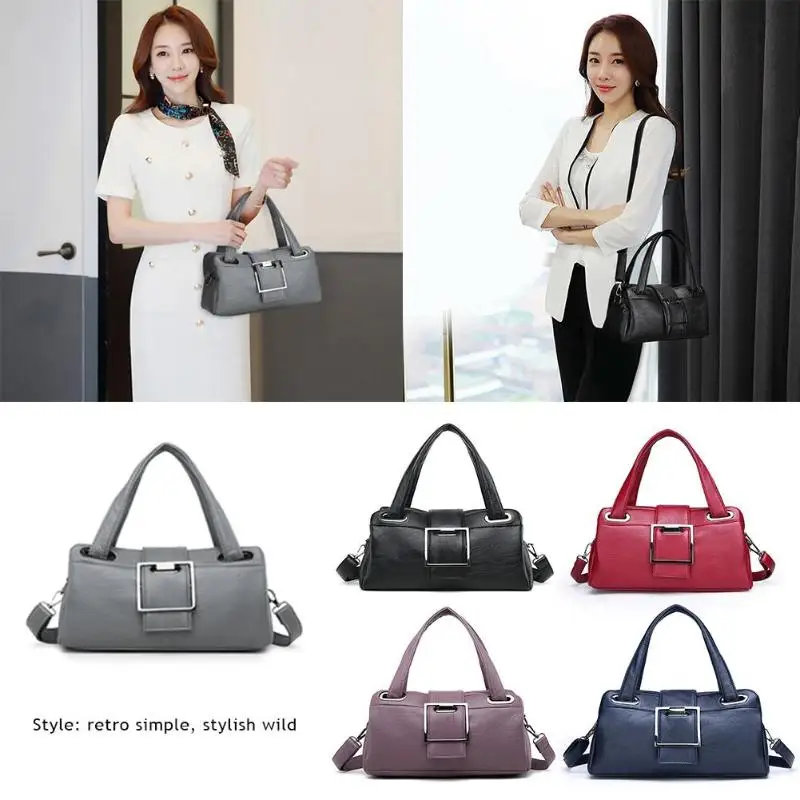

Women Simple Solid Color Handbags PU Leather Messenger Shoulder Bag Totes